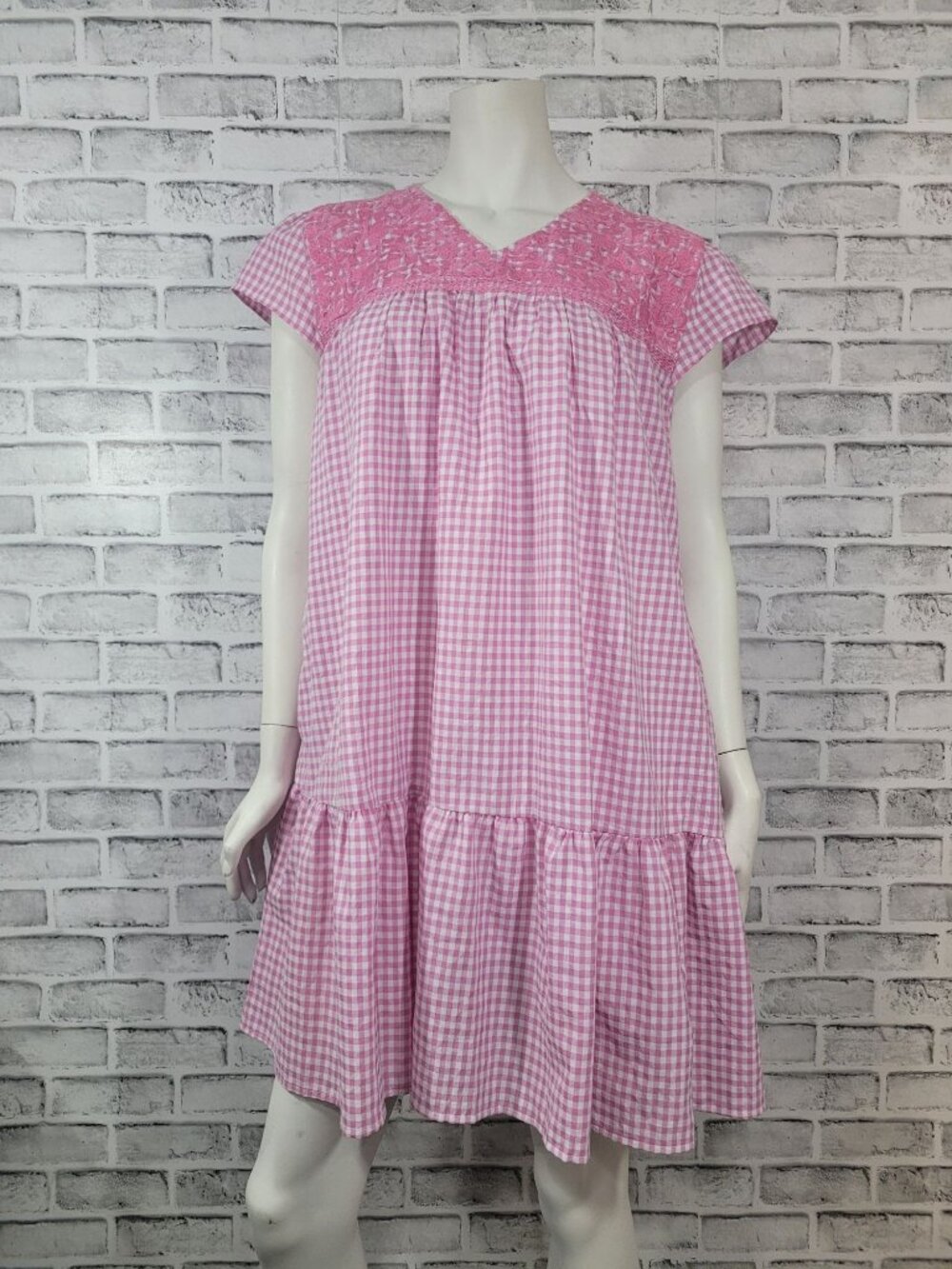 J Marie Angelina Pink Gingham Babydoll Cap Sleeve Tiered Hem Dress Size Large